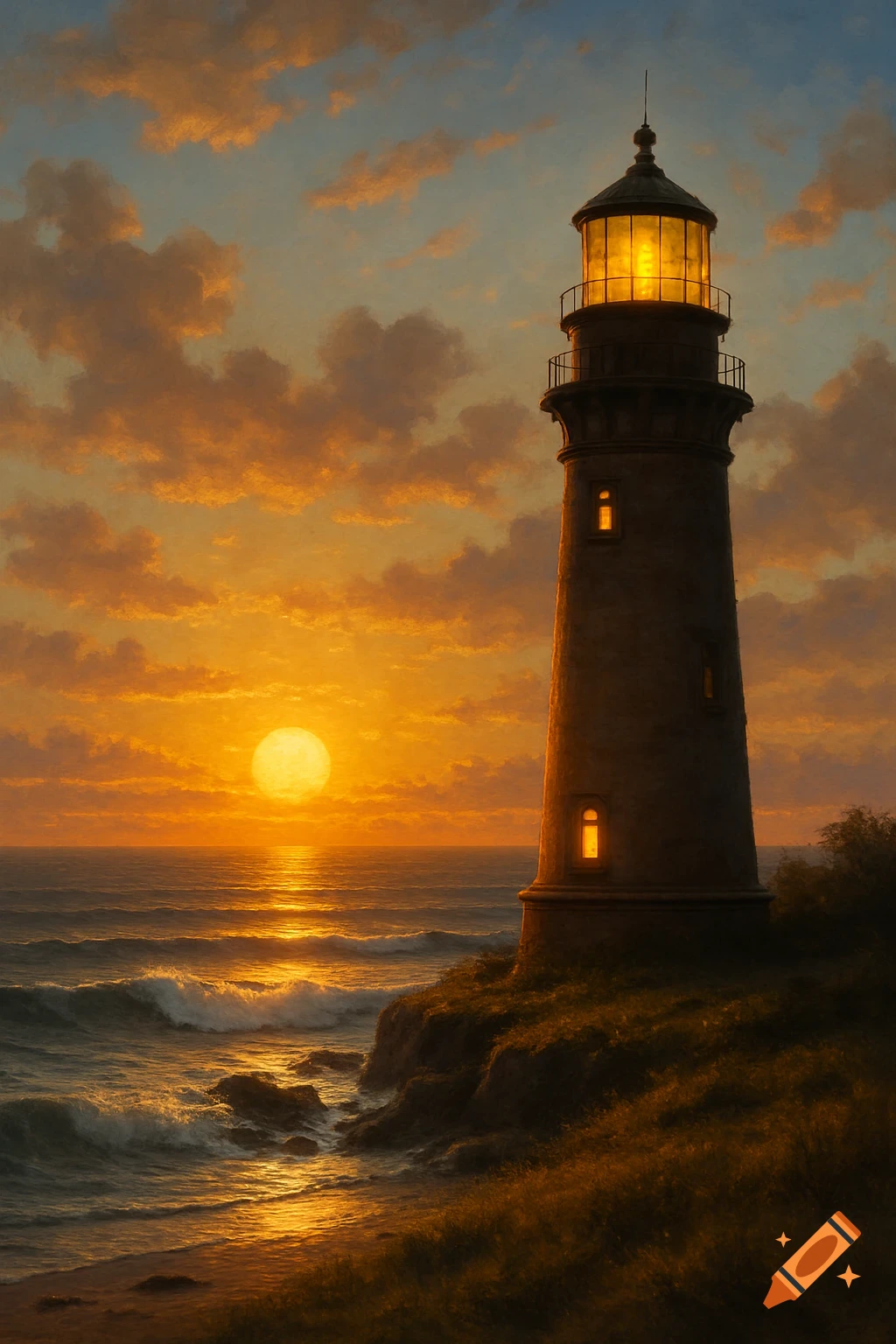 A tall lighthouse stands on a grassy cliff overlooking a wavy ocean at a vibrant sunset, with a large golden sun reflecting on the water.