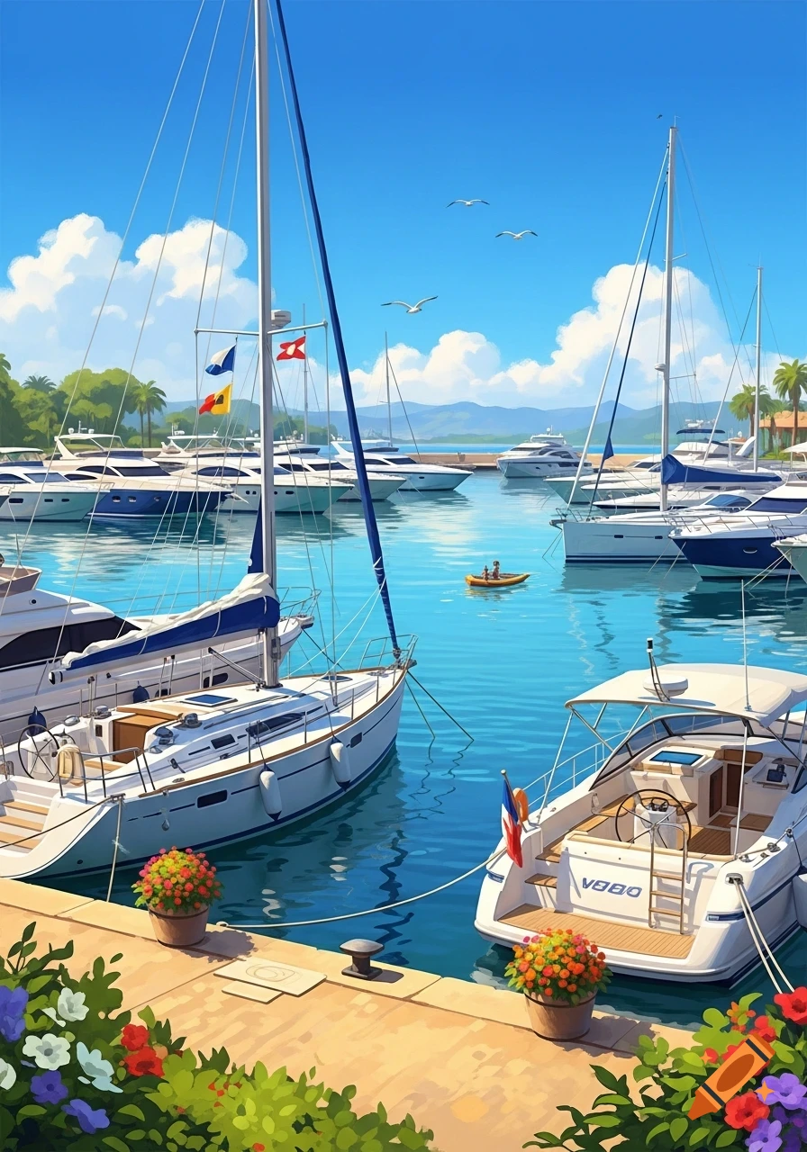 Colorful illustration of a bustling marina filled with yachts and sailboats under a clear blue sky, with green foliage in the foreground.
