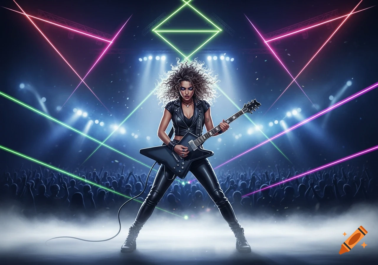 A female rock musician with curly hair plays an electric guitar on stage, illuminated by vibrant neon lights and stage spotlights with a blurred crowd.