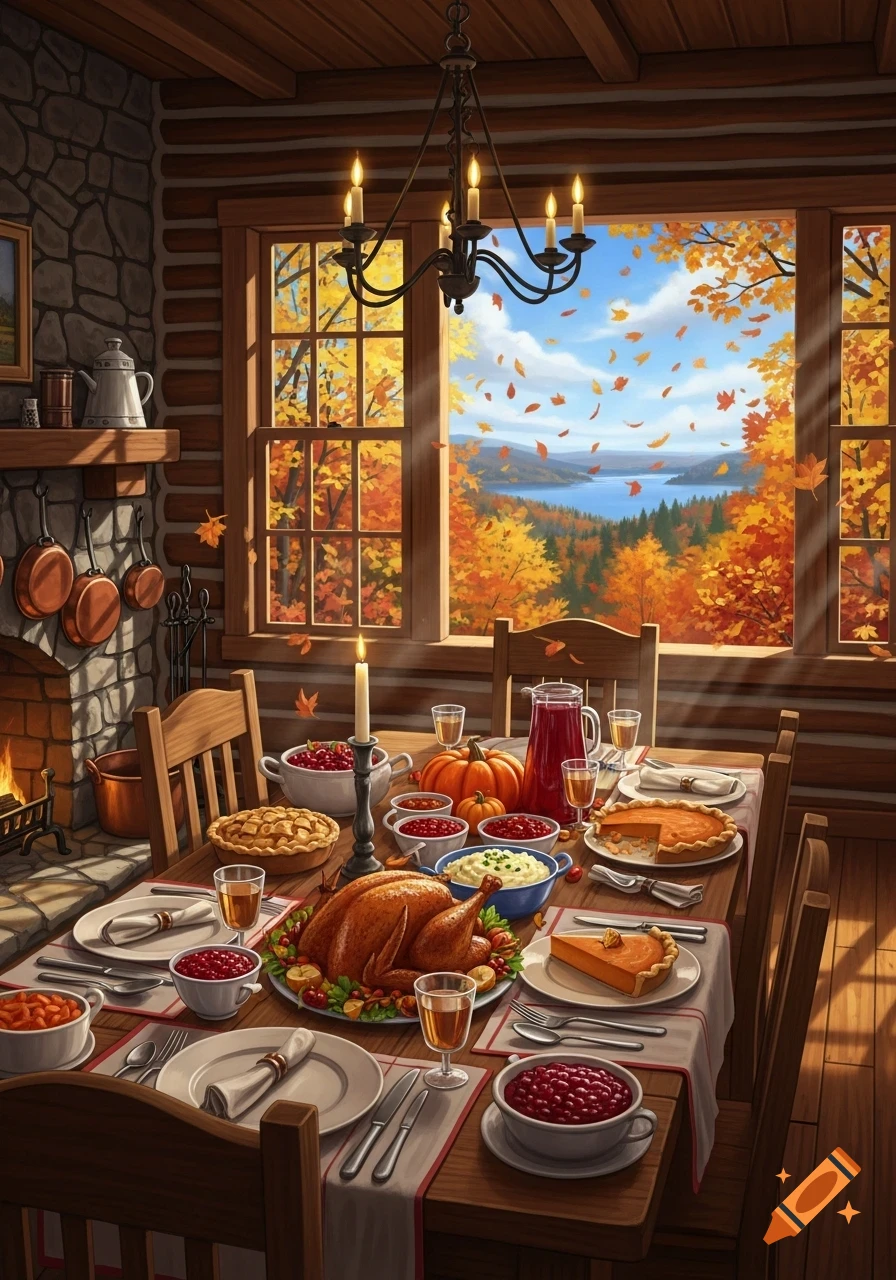 A cozy Thanksgiving dinner spread on a long table in a cabin, with a large window overlooking a vibrant autumn forest and lake.