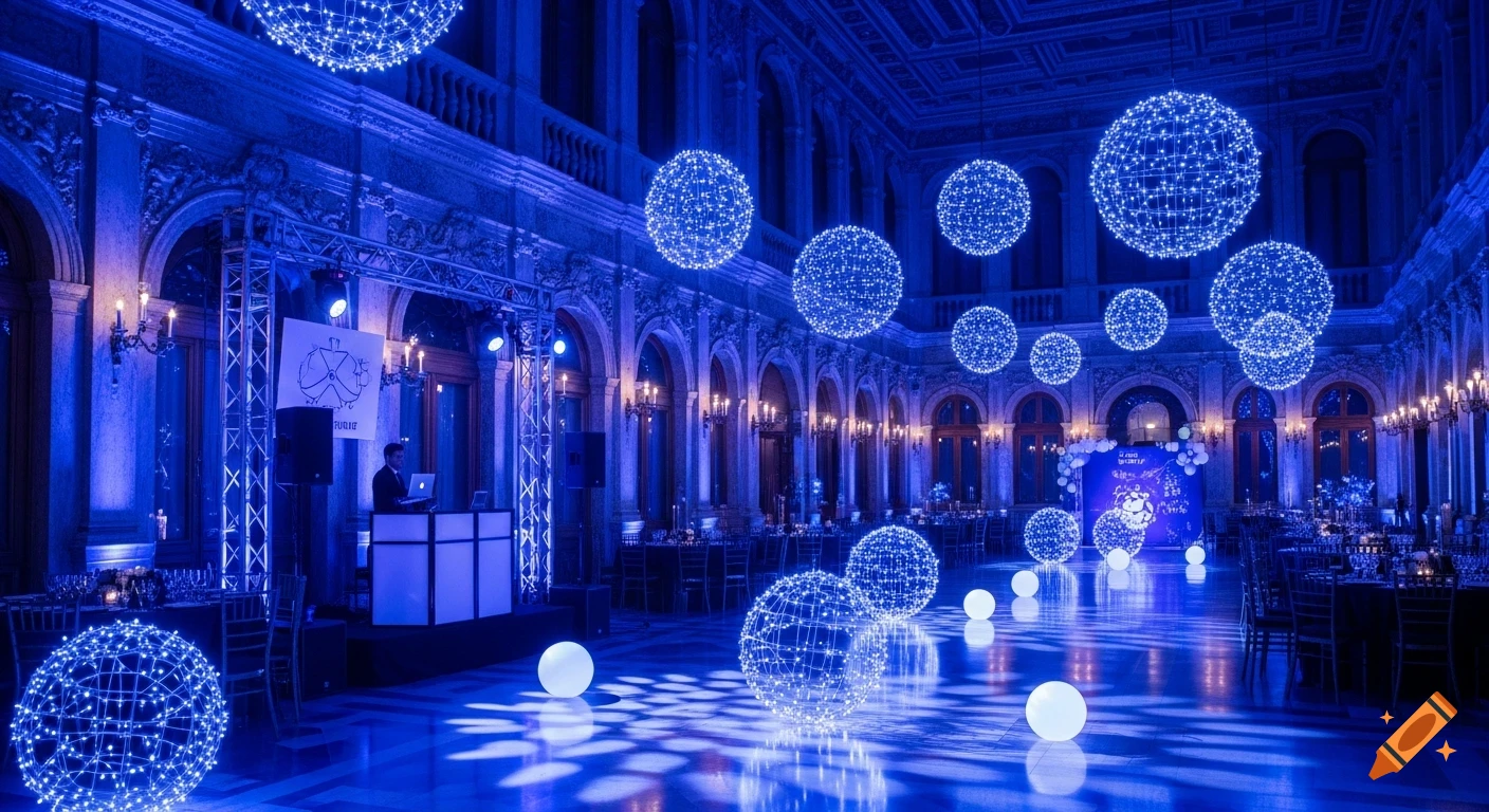 An elegant, blue-lit hall in the Hotel Danieli decorated for a formal event with glowing spherical lights, a DJ booth, and an empty dance floor.