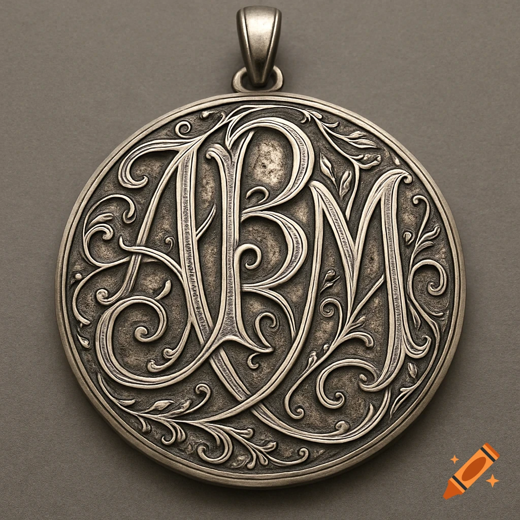 Ornate silver circular pendant with an intertwined monogram of letters A, B, and M on a gray background.