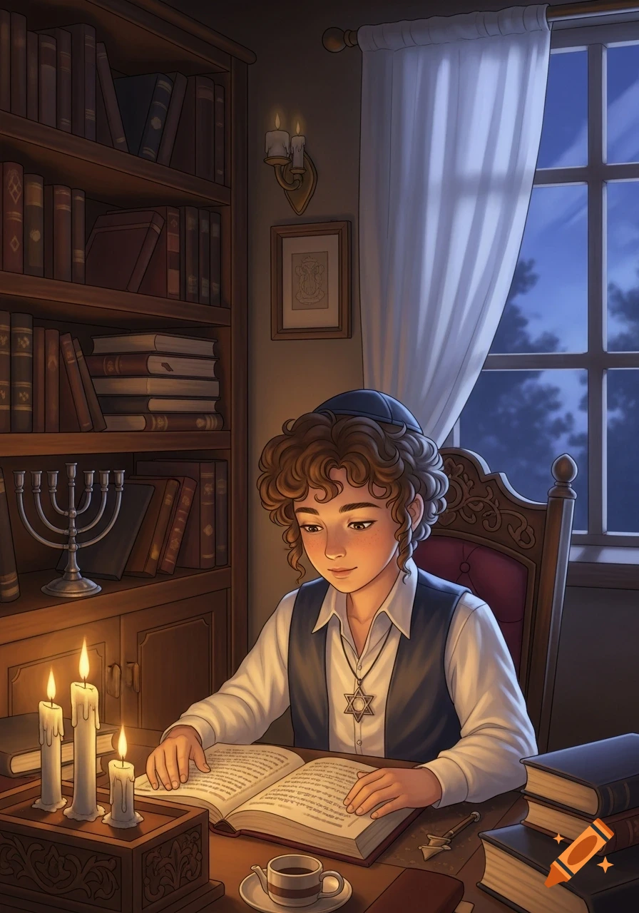 A young Jewish boy with curly hair reads an open book by candlelight at a desk, with a menorah, bookshelf, and Star of David necklace.