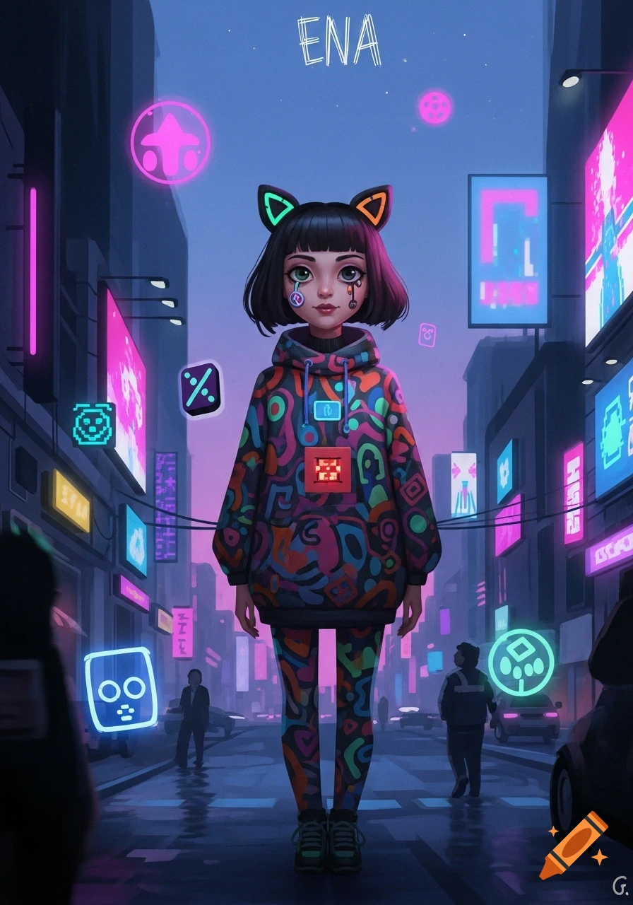 Stylized ENA character with black bob, glowing cat ears, and a colorful hoodie in a neon-lit cyberpunk city at night.