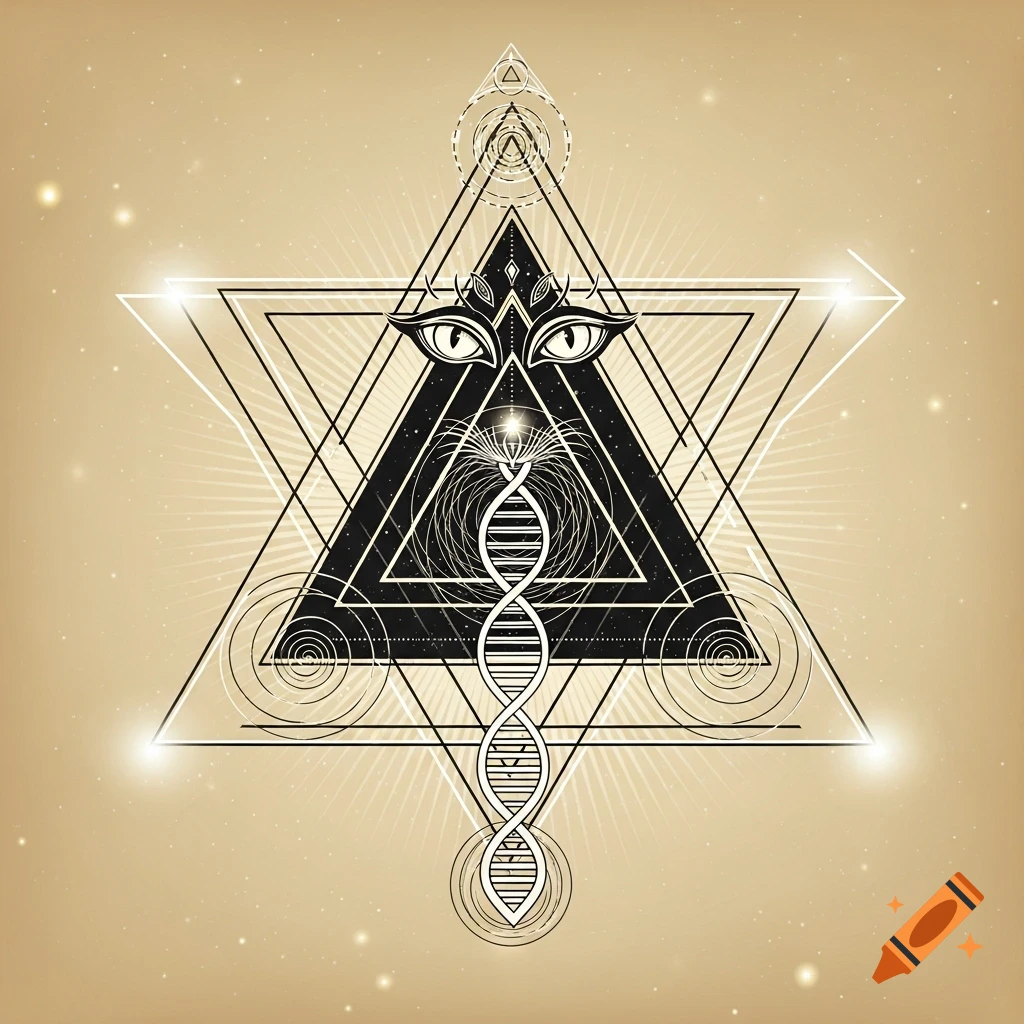 A gold and black sacred geometry design featuring interlocking triangles, stylized feline eyes, and a glowing DNA helix, set against a cosmic, ethereal background.
