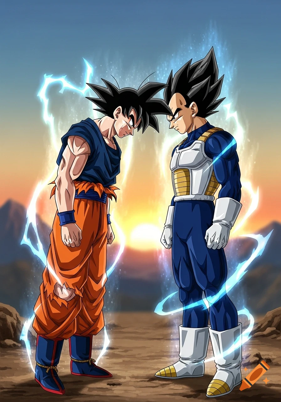 Anime illustration of Goku and Vegeta from Dragon Ball Z facing each other with power auras against a sunset.