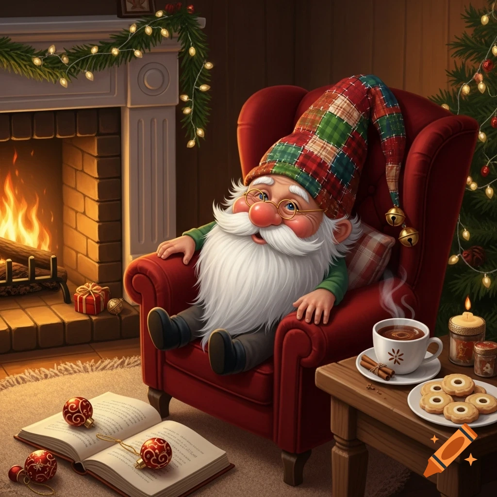 An old, friendly Christmas gnome relaxing in a red armchair by a fireplace with a book, hot drink, and cookies.