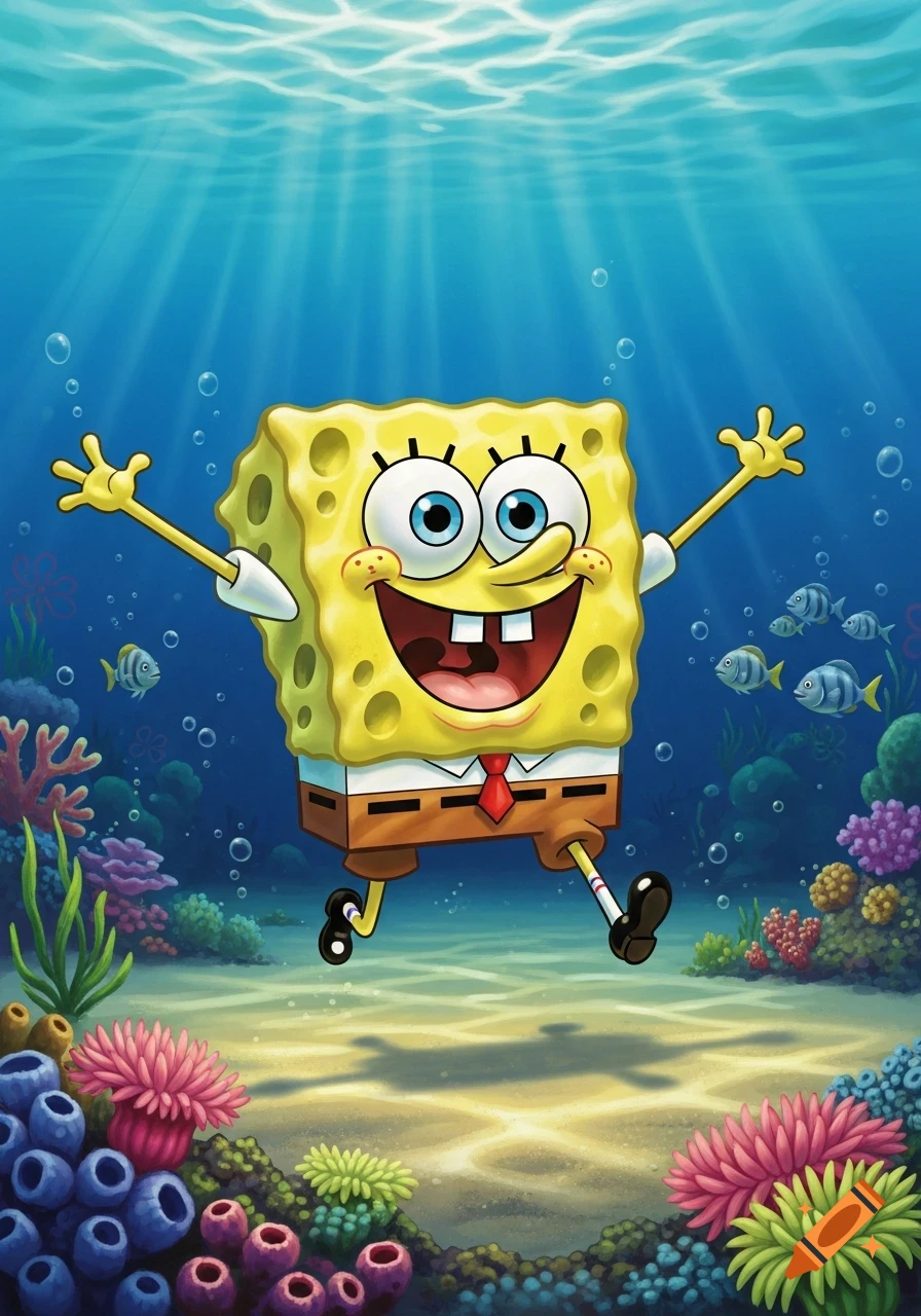 SpongeBob SquarePants cheerfully floats underwater amidst vibrant coral reefs and fish.