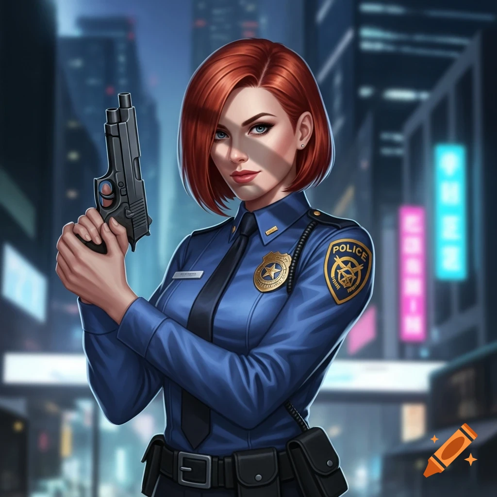 Digital art of a red-haired woman with a bob haircut in a blue police uniform, holding a handgun in a city at night.