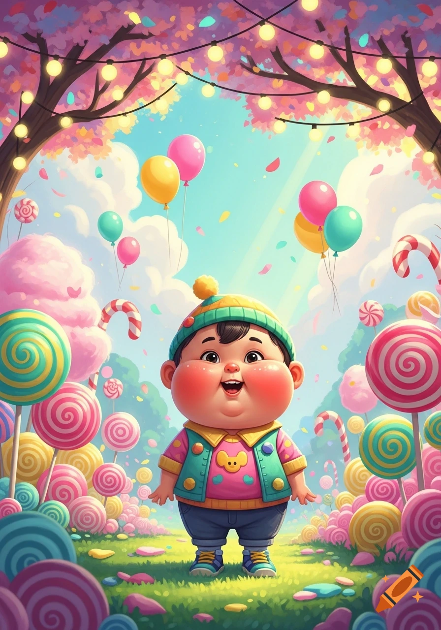 A cartoon child with rosy cheeks in a vibrant candy land filled with lollipops, balloons, and cotton candy trees.