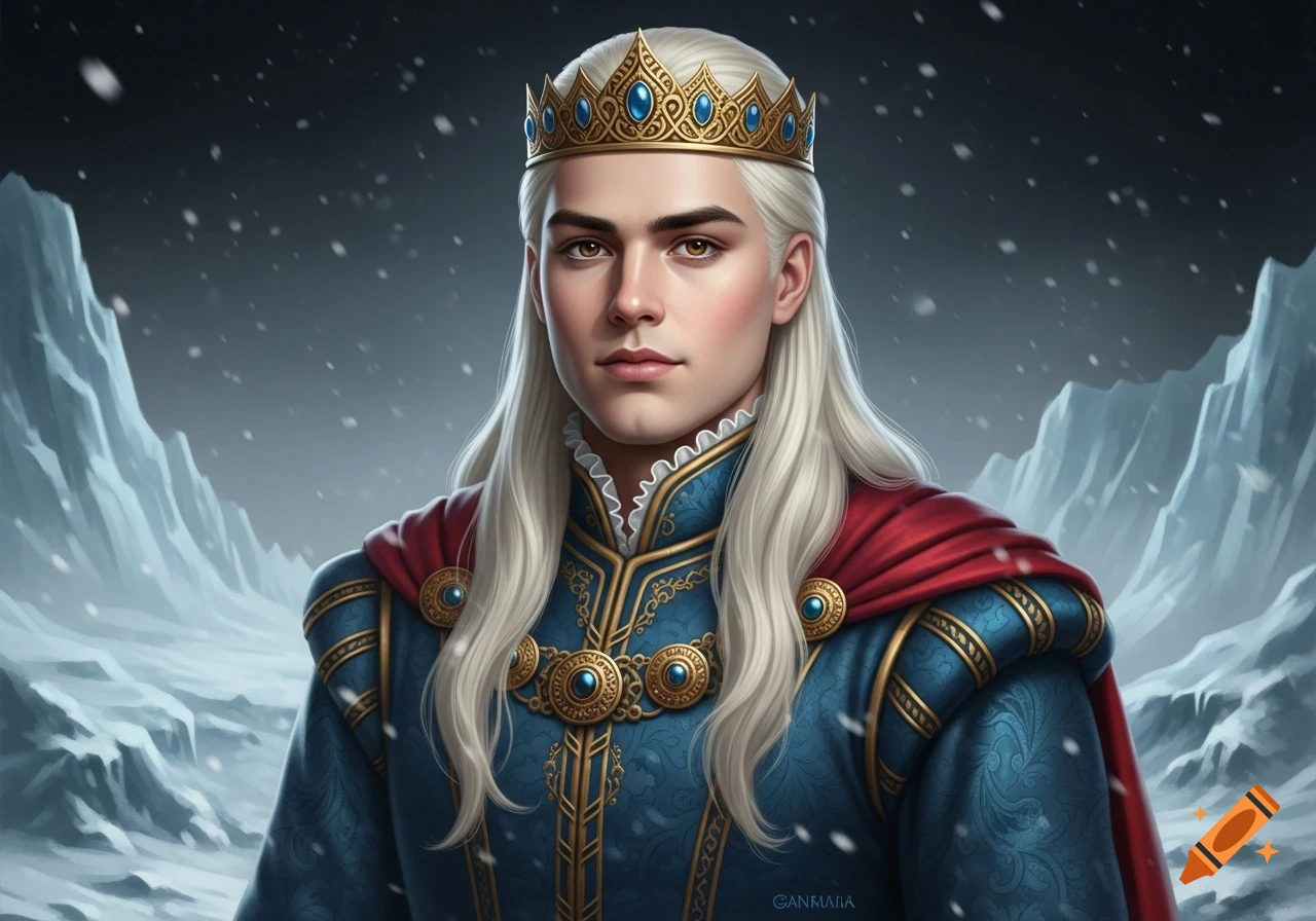 A young prince with long platinum blonde hair, light hazel eyes, and a golden crown, wearing a blue and red regal outfit, stands in a snowy, icy landscape.