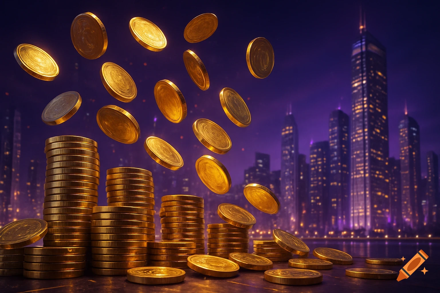 Gold coins stacked and falling against a blurred, glowing cityscape at night, digital art.