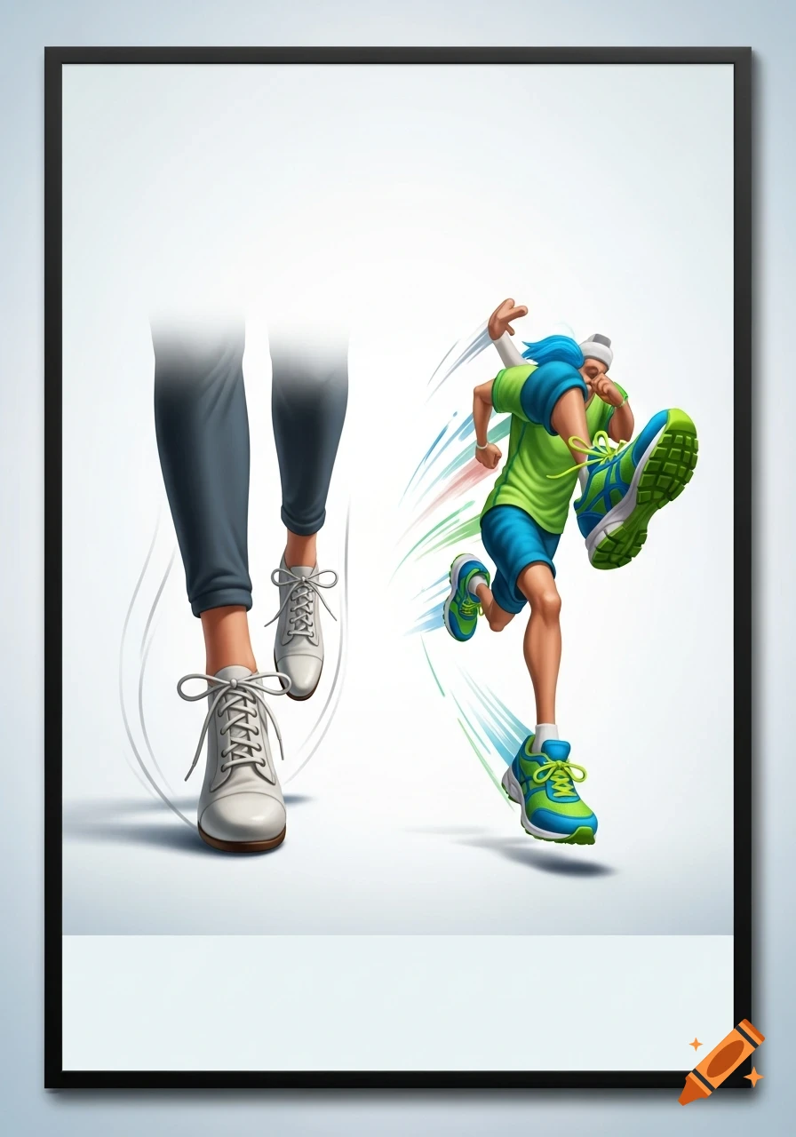 Stylized illustration of a person running in blue and green shoes next to legs walking in white boots on a light background.