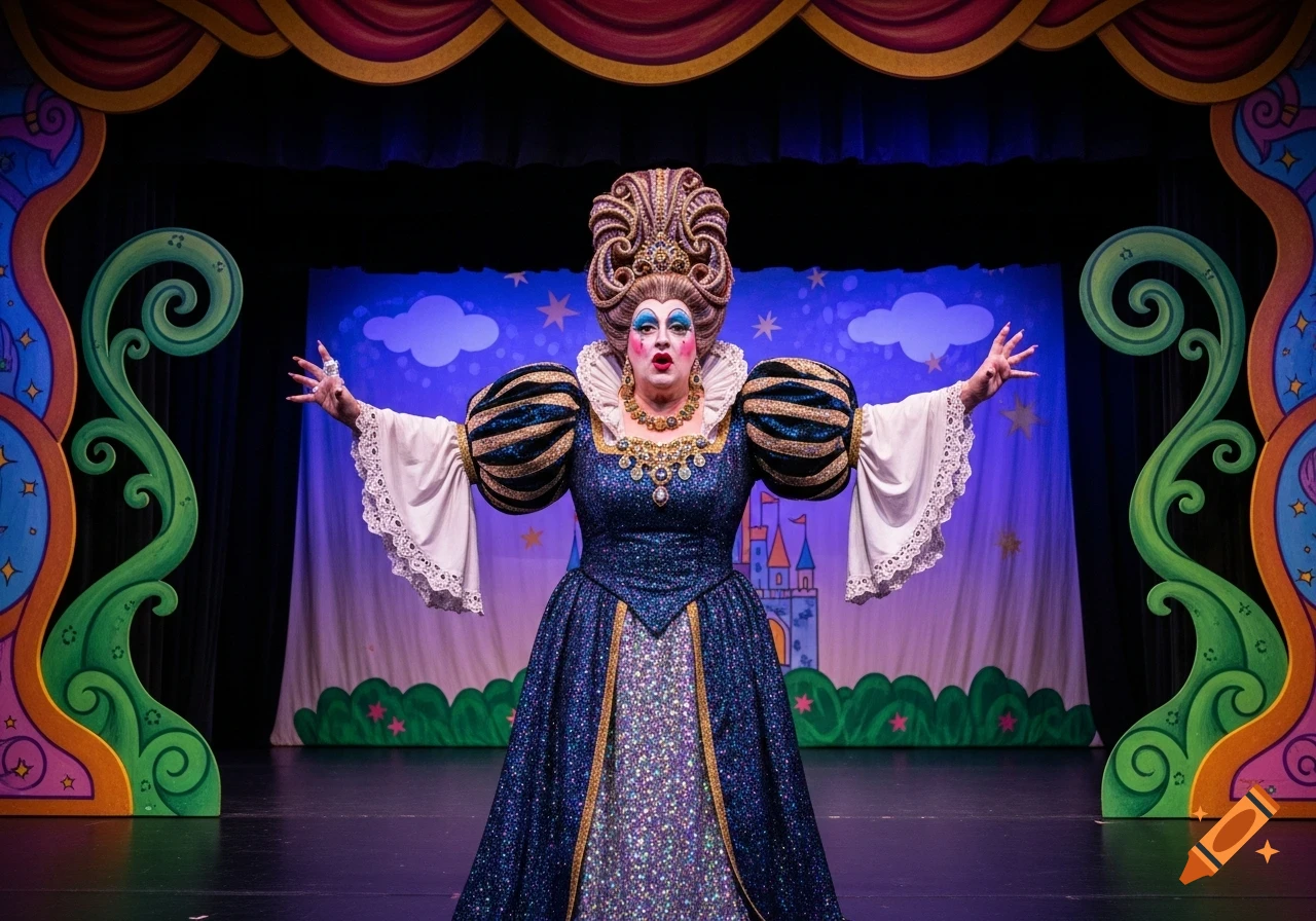 A person in an exaggerated, glittery blue gown, tall wig, and dramatic makeup poses dramatically on a whimsical stage with a castle backdrop.