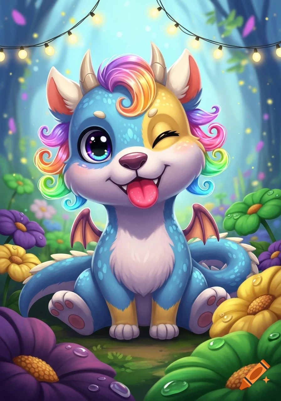 A cute, blue, cartoon-style creature with rainbow hair, horns, and small wings winks and sticks out its tongue, sitting among colorful flowers under string lights in a whimsical forest.