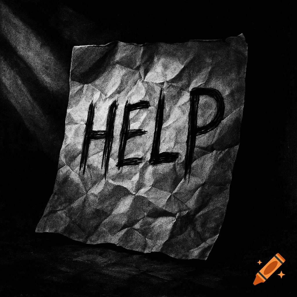 Crumpled paper with the word 'HELP' written in distressed, dark letters, in a high-contrast, film noir style.