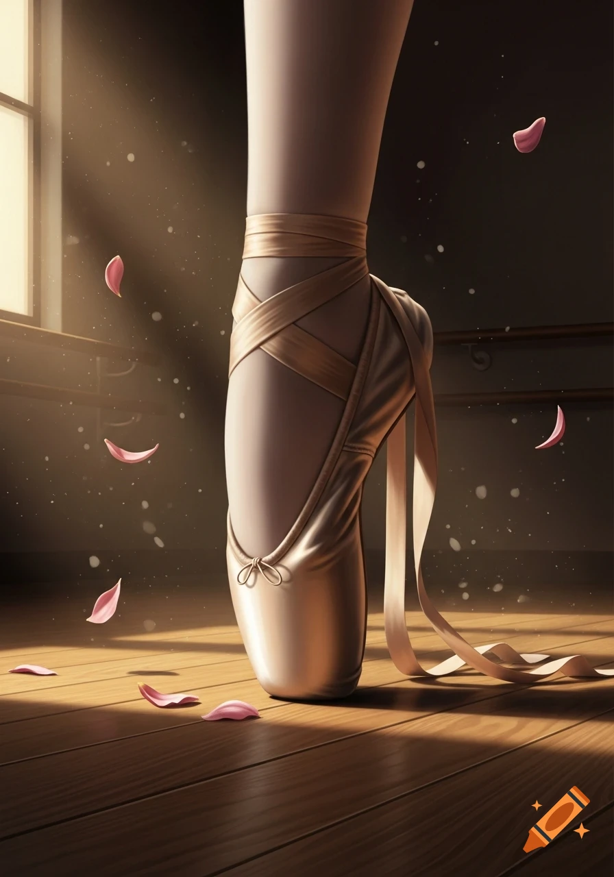 Close-up of a ballerina's pointe shoe and leg in a sunlit studio, with pink petals scattered on the wooden floor.