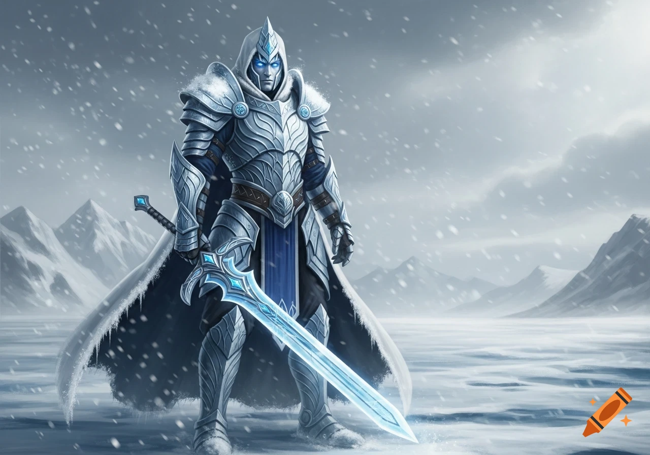 A formidable ice knight in ornate silver and blue armor with glowing eyes holds a radiant ice sword in a snowy mountain landscape.