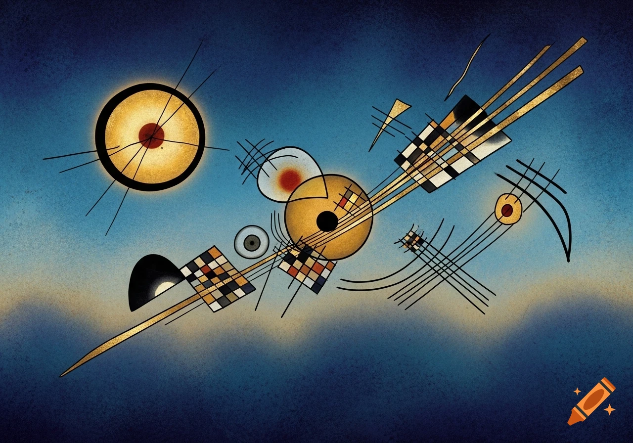 Abstract painting in the style of Kandinsky, featuring gold and black circles, geometric shapes, and intersecting lines on a textured blue and beige background.