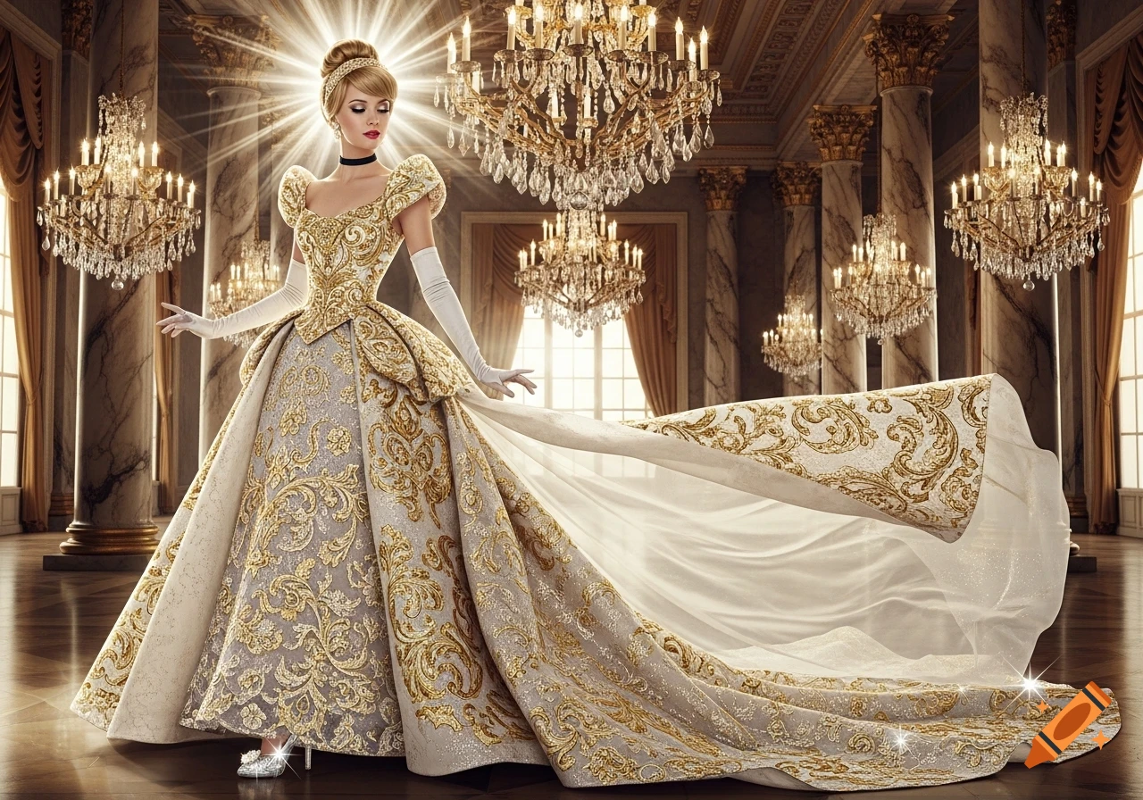 Cinderella in a flowing golden and white ball gown with an elaborate train, standing in a grand, opulent ballroom.