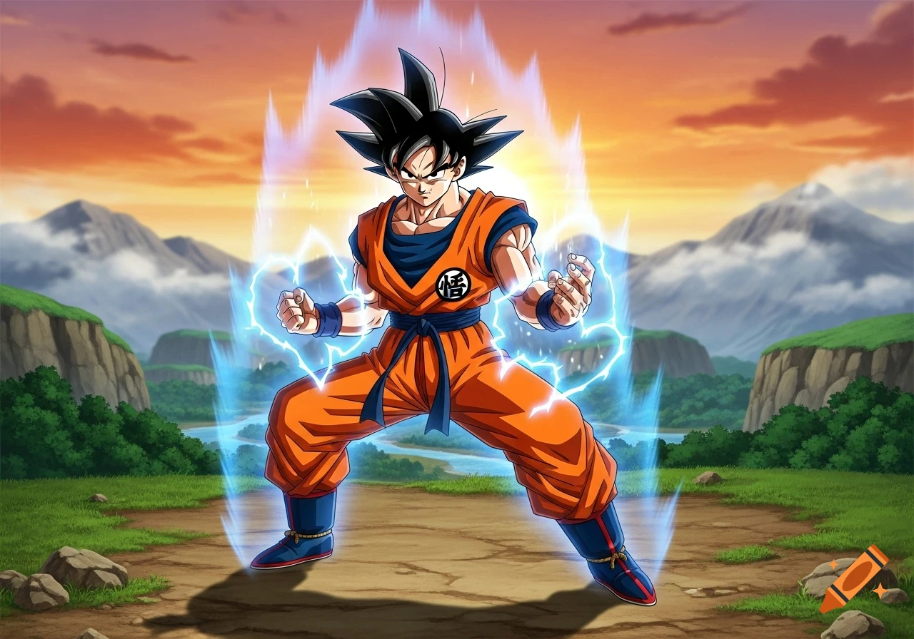 Goku in his orange gi, powering up with a blue aura, stands on a dirt path with mountains and an orange sunset sky.