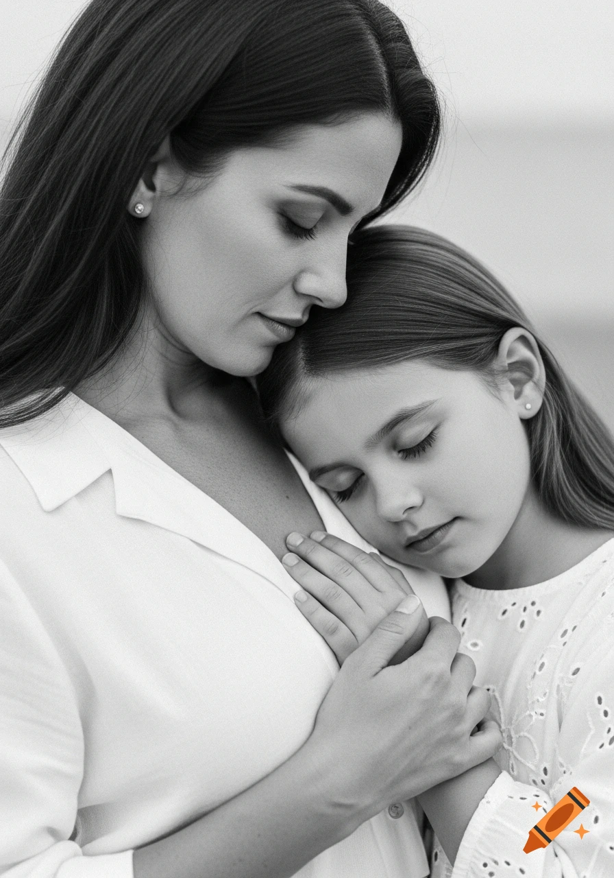 A mother and daughter embracing in a close-up black and white photorealistic portrait.