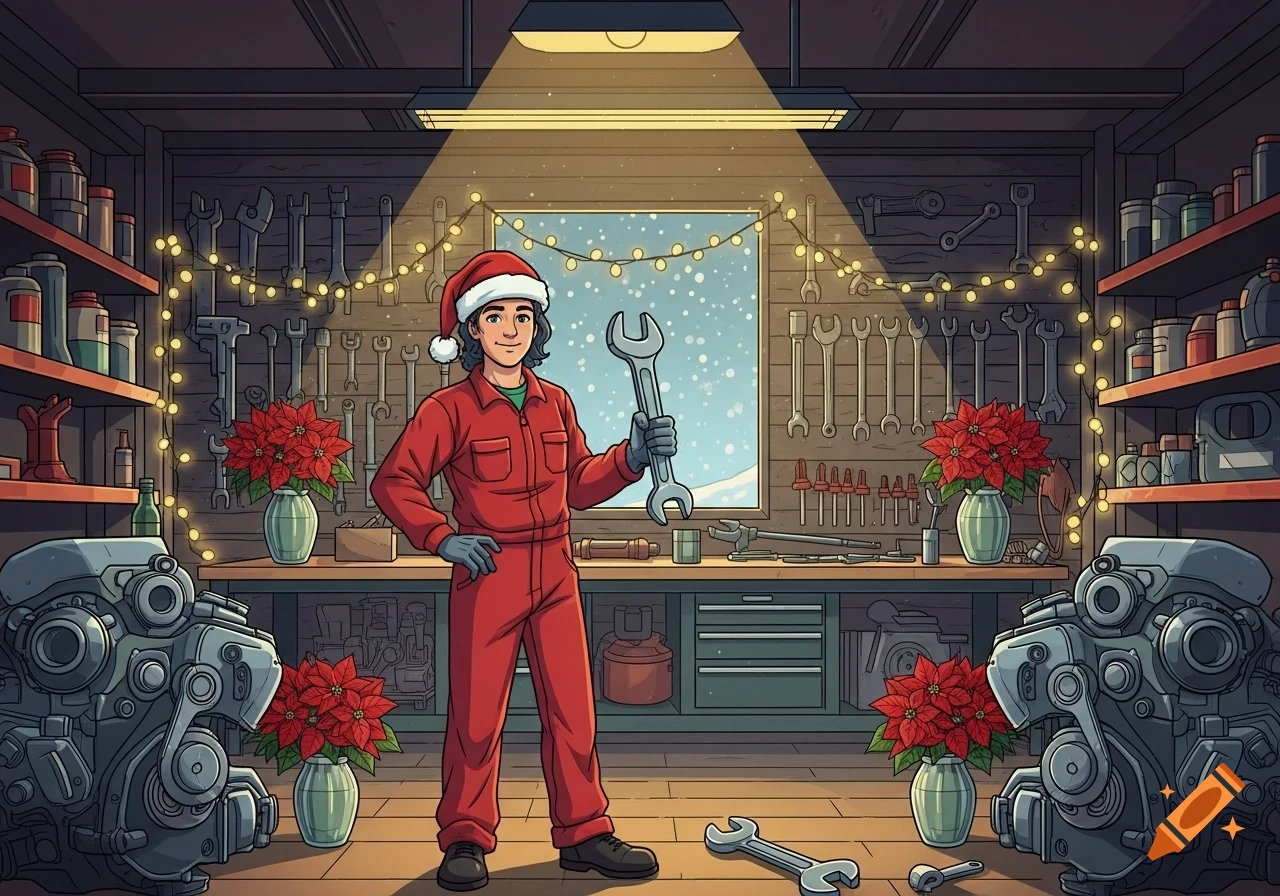 A cartoon mechanic in a Santa hat and red coveralls holds a wrench in a Christmas-decorated garage.