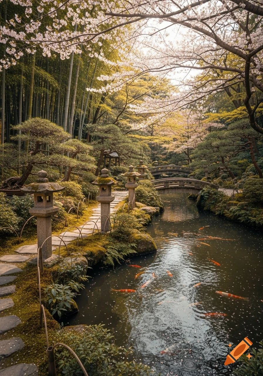 A serene Japanese garden with stone lanterns along a path, a stream with koi fish, a bridge, bamboo, and cherry blossoms.