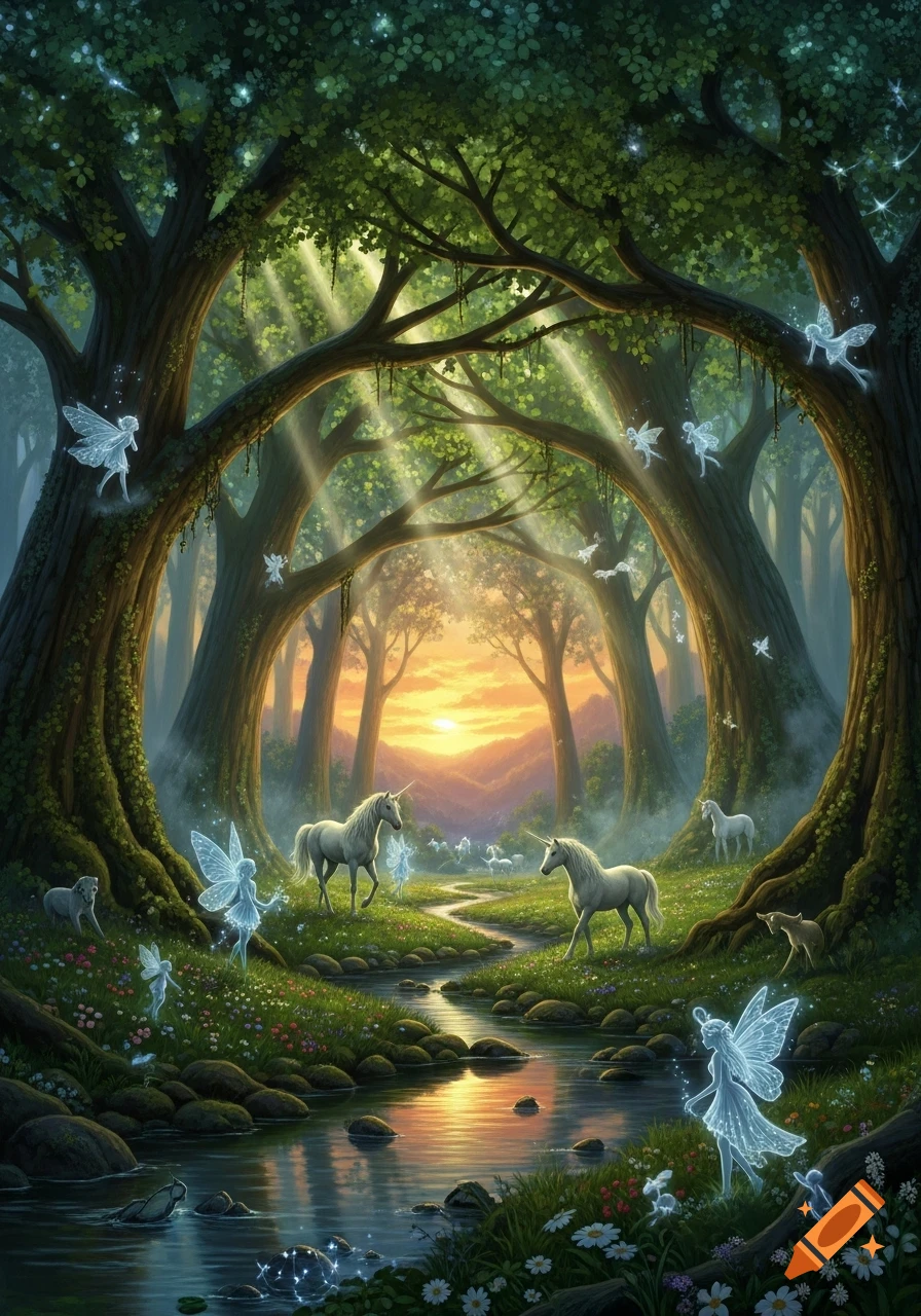 Fantasy art of unicorns and fairies in an enchanted forest with sun rays, a glowing stream, and a sunset backdrop.