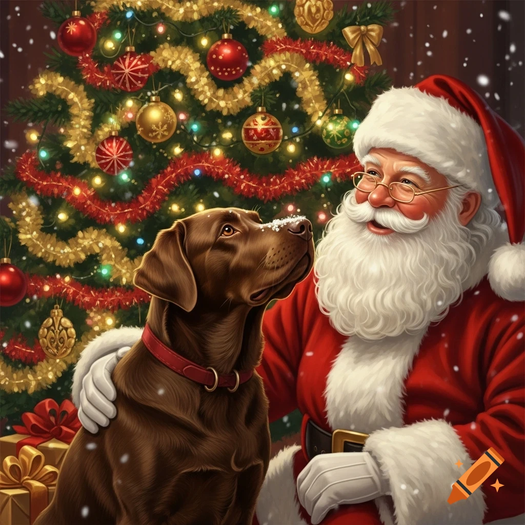 Santa Claus in red robes hugs a brown Labrador under a Christmas tree, with snowflakes falling.