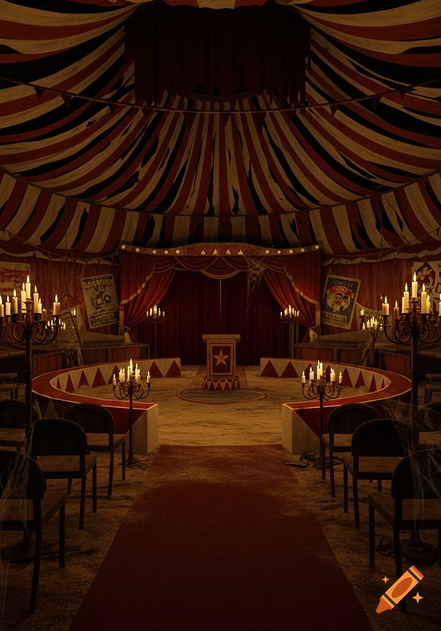 An eerie, abandoned circus tent interior, lit by numerous candles, featuring red and cream striped canopy, a central platform, and rows of empty chairs.