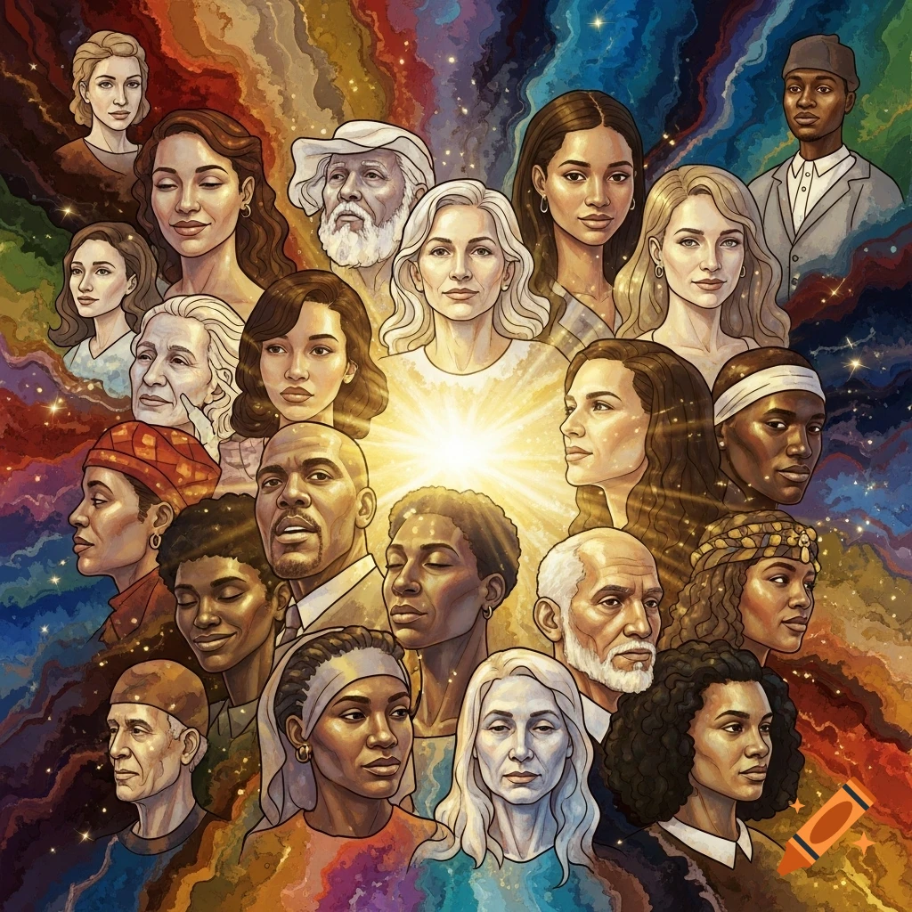 A diverse group of men and women's faces in a colorful, illustrative style, with a glowing light at the center.