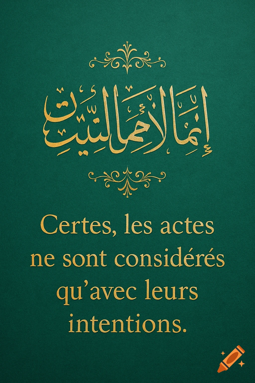 Golden Arabic calligraphy and its French translation on a deep emerald green textured background, adorned with subtle golden floral motifs.