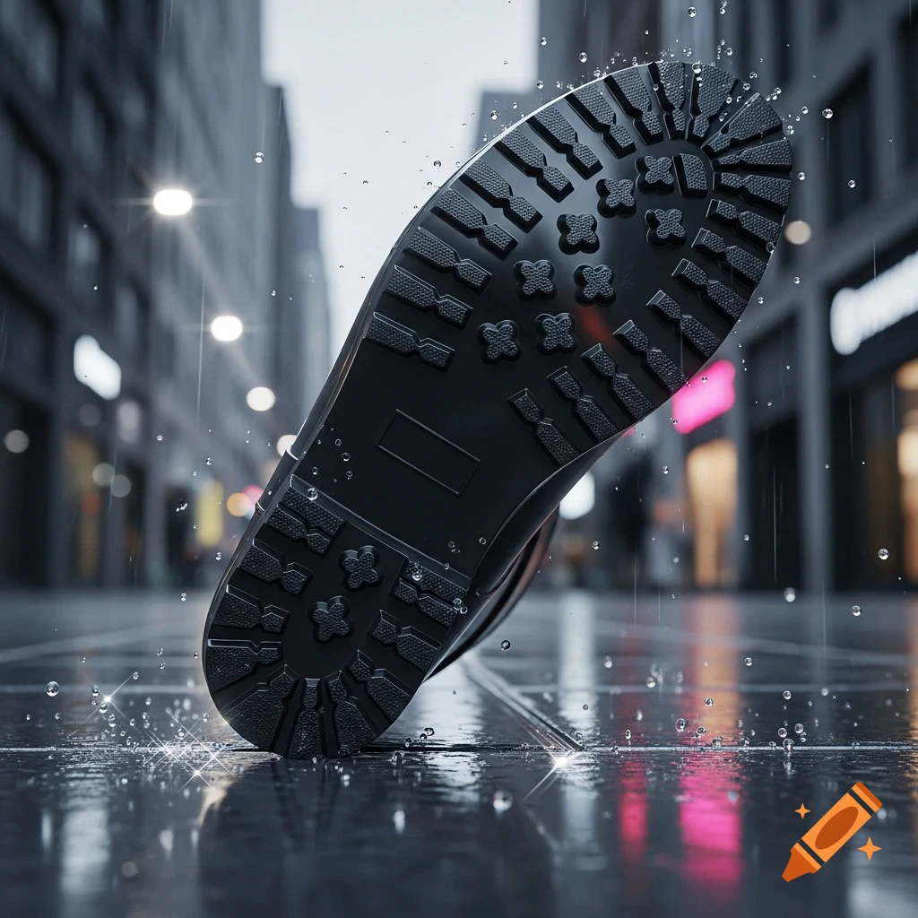 Close-up of a black rain boot sole splashing into a puddle on a wet city street during rainfall.