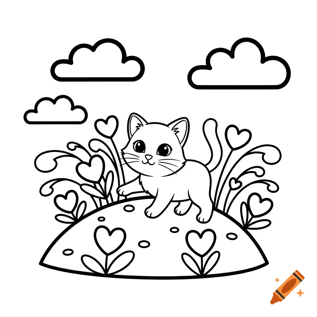 Black and white line art coloring page of a cute cartoon cat on a hill with hearts and clouds.