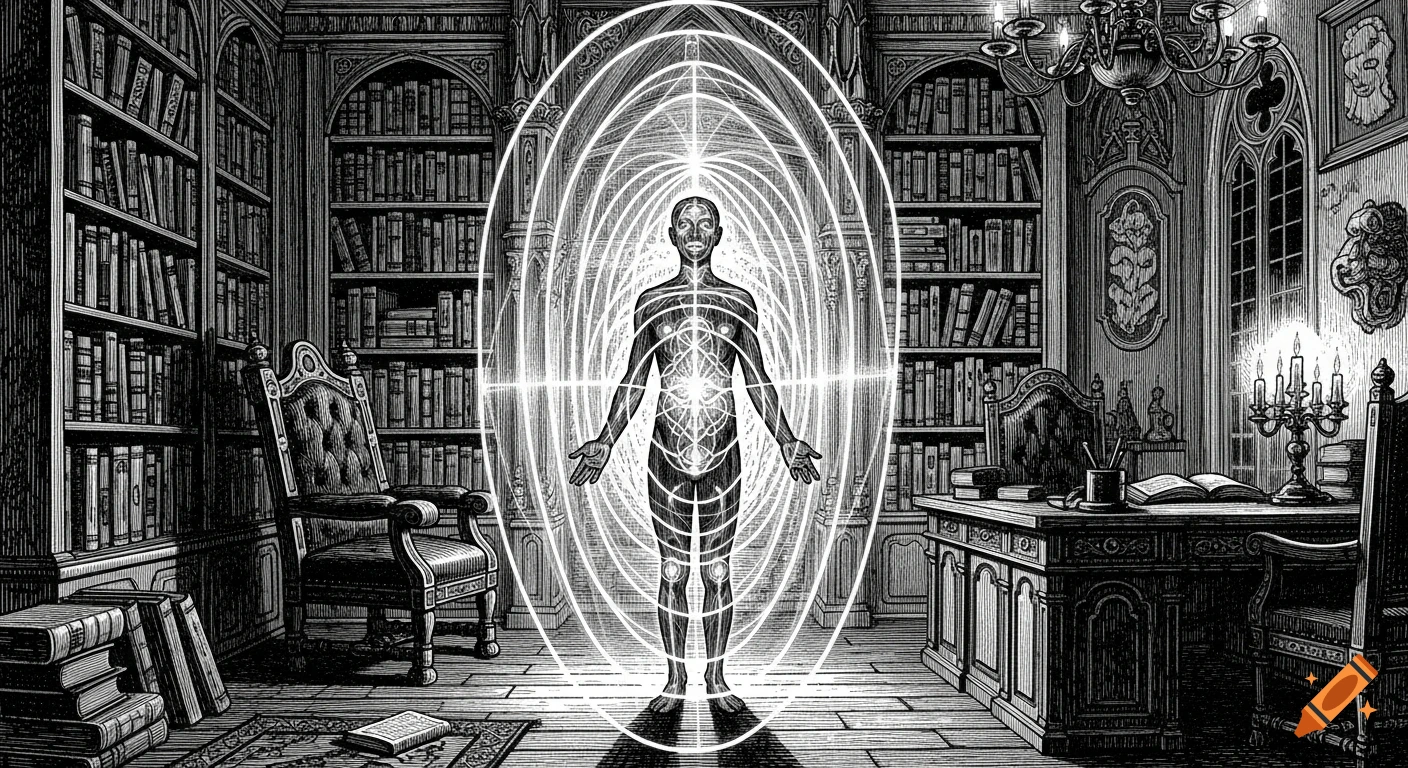 Black and white Victorian engraving of a human figure with radiating subtle body layers in a gothic library.