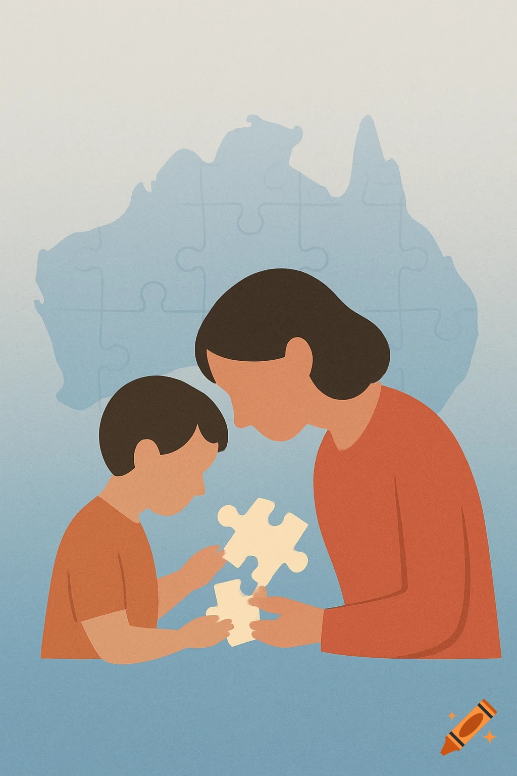 Flat illustration of a parent and child assembling puzzle pieces, with a stylized map of Australia made of puzzles in the background.