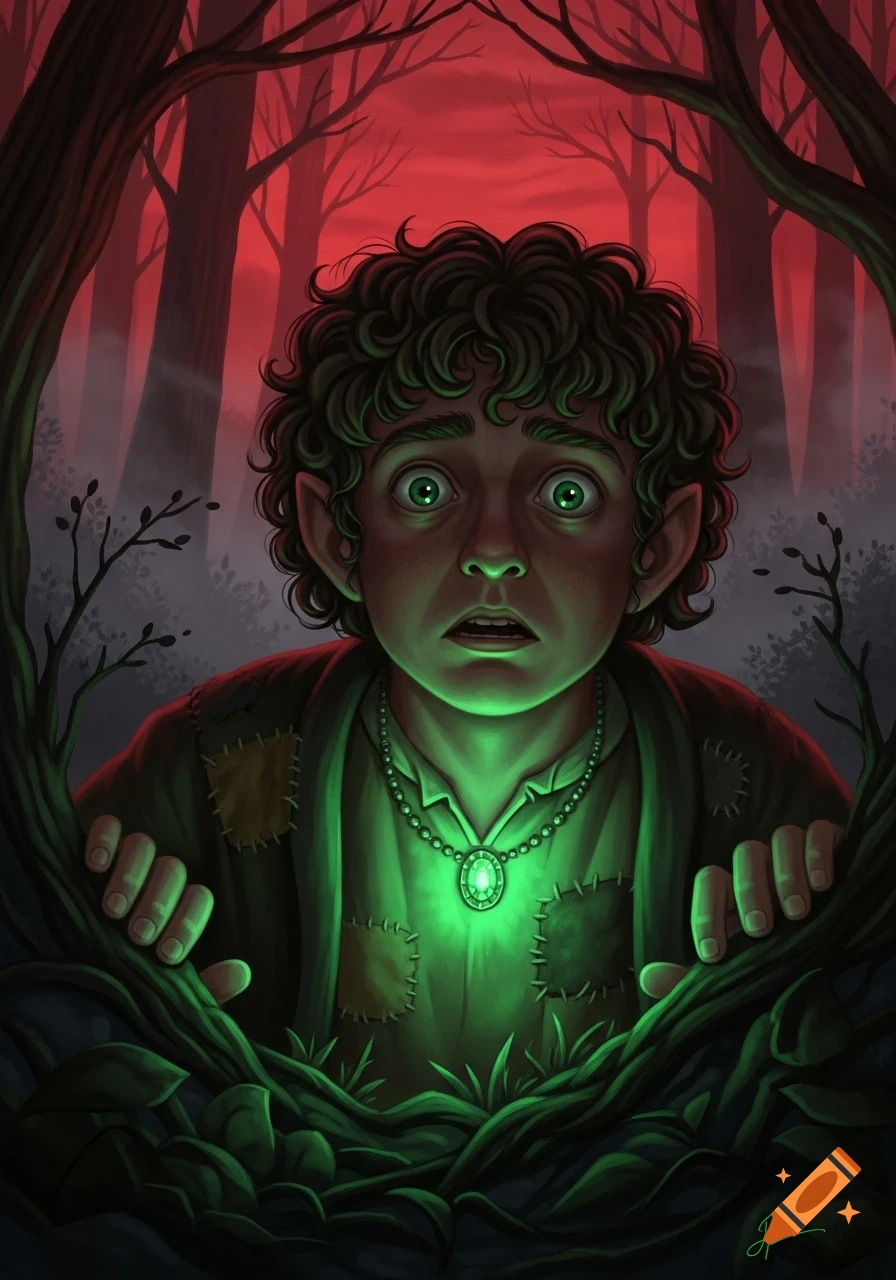 Illustration of a scared, curly-haired hobbit-like figure with glowing green eyes, wearing a glowing green emerald necklace, peering through dark foliage in a red-lit, spooky forest.