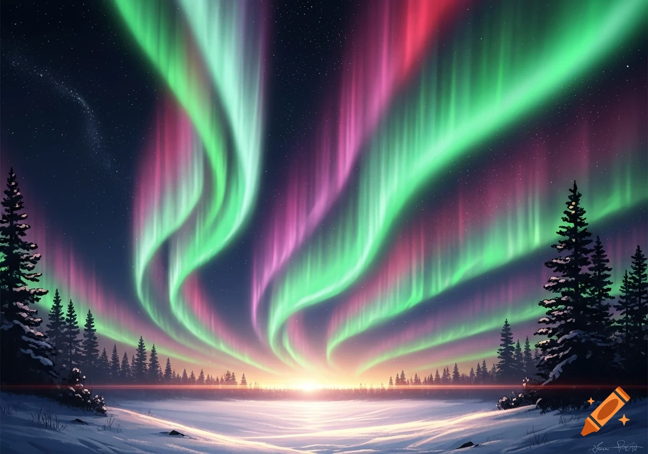 A vibrant aurora borealis displays green and pink lights over a snow-covered winter landscape with pine trees and a rising sun.