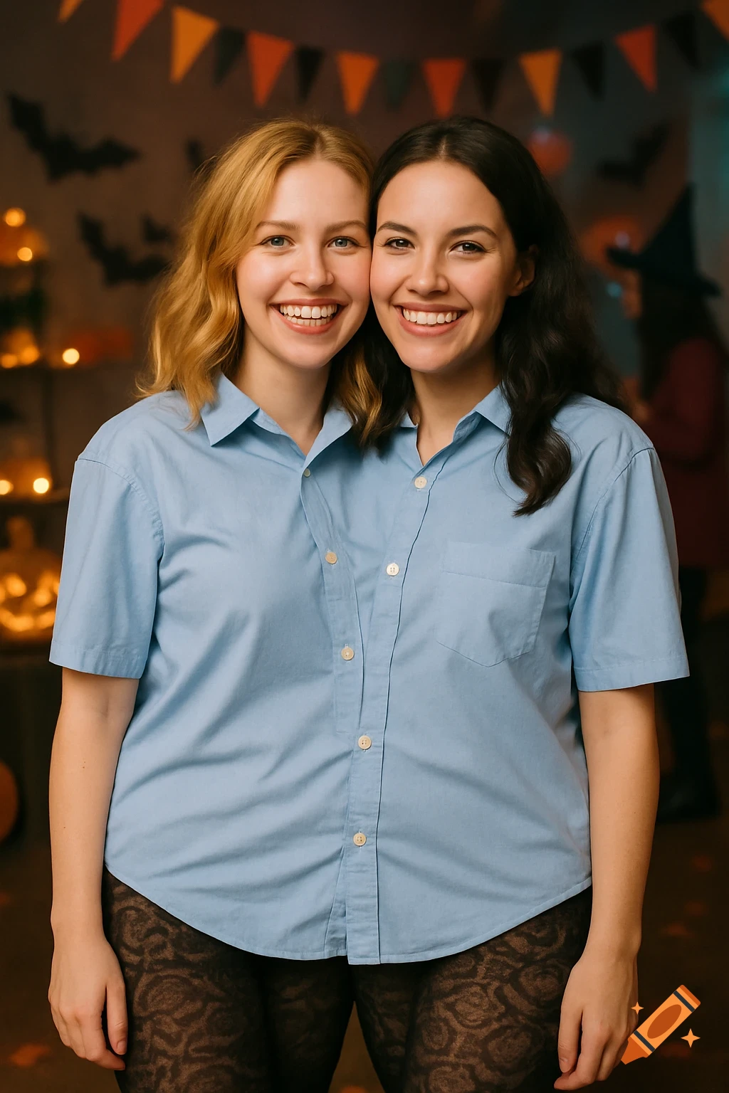 Two women in a conjoined blue shirt and patterned tights smile at a Halloween party with decorations.