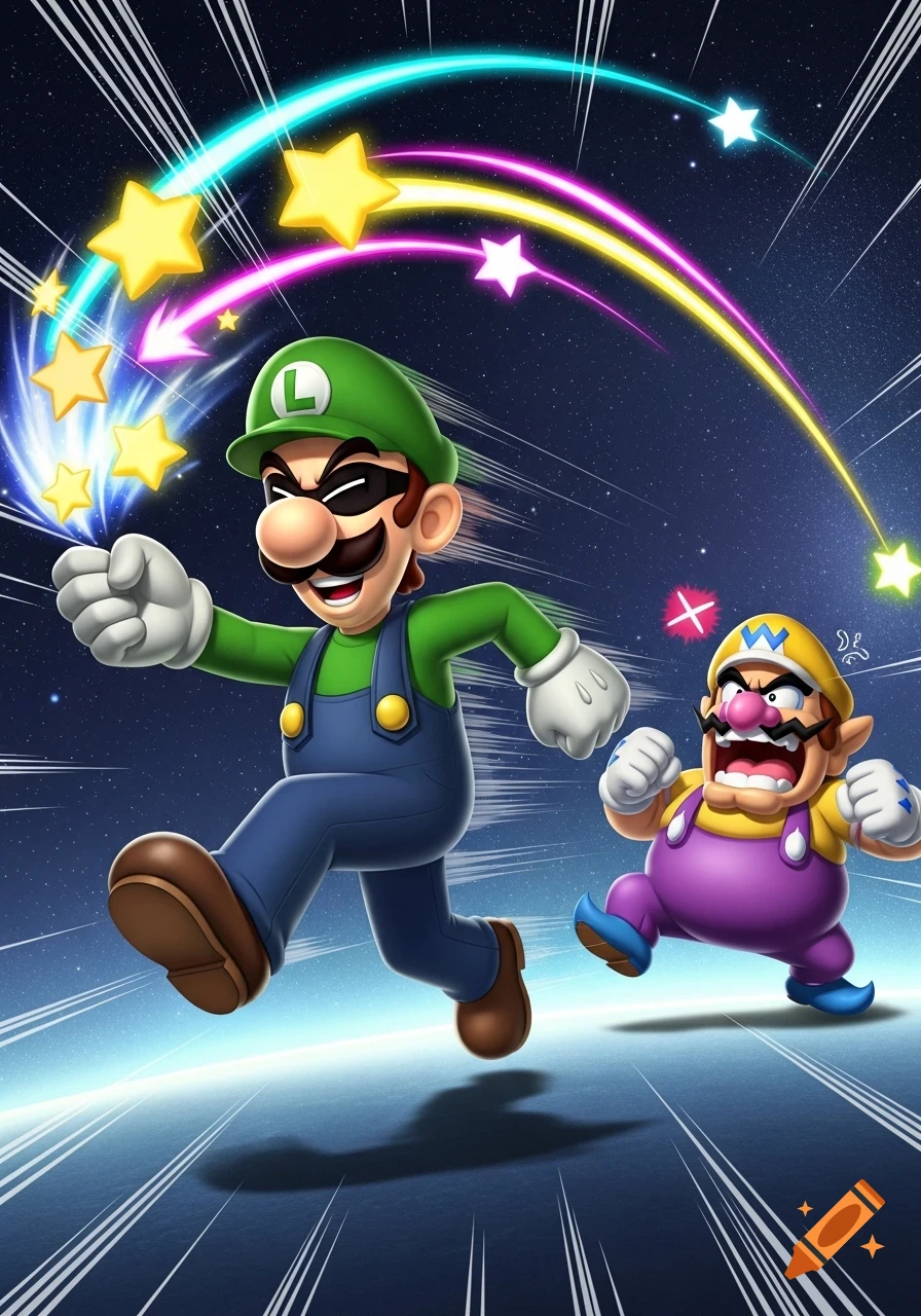 Luigi, holding stars and laughing, runs from an angry Wario in a dynamic cartoon illustration with a starry background.