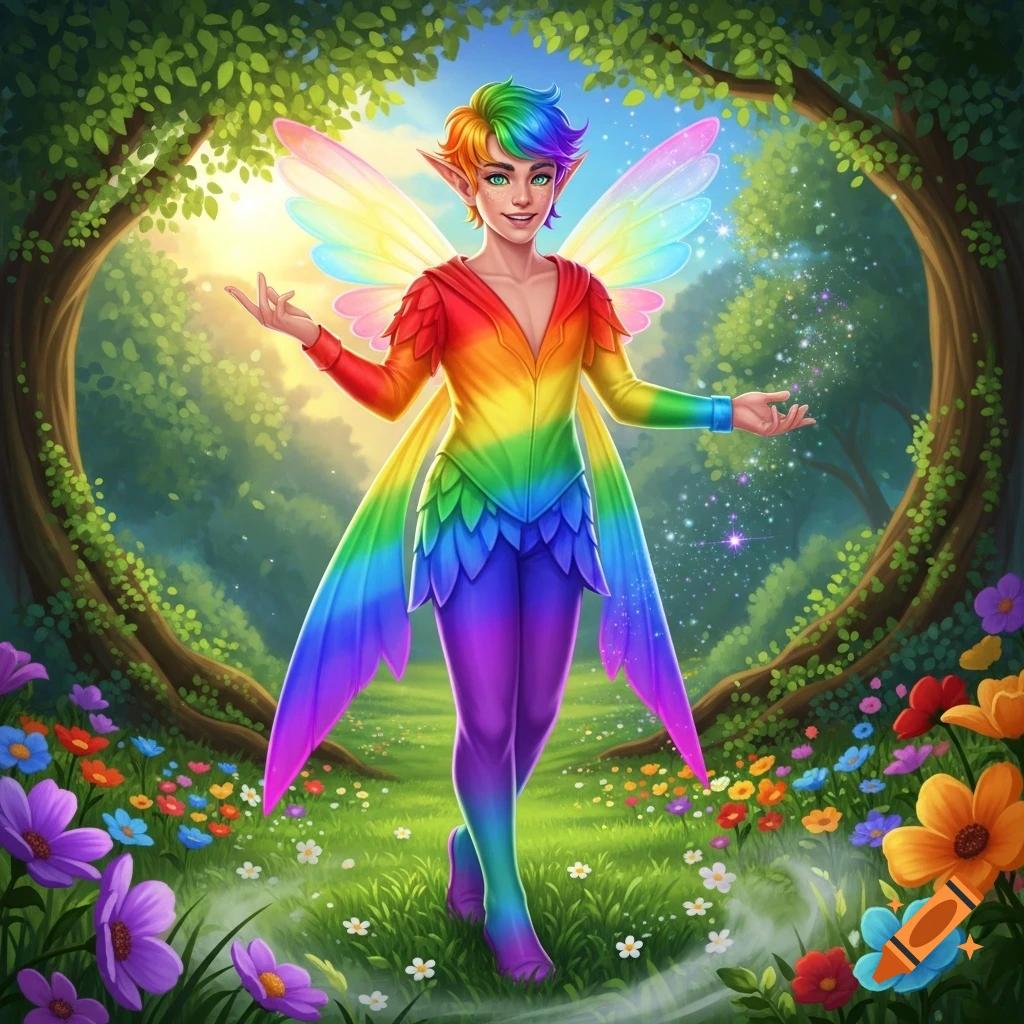 A vibrant rainbow elf boy with wings stands with outstretched arms in an enchanted forest filled with colorful flowers and sunlight.