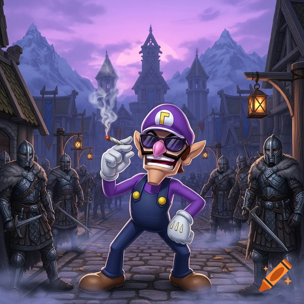 Waluigi wearing sunglasses and smoking a joint in a Nintendo art style, standing in a Skyrim-like medieval town with armored soldiers in the background under a purple sky.