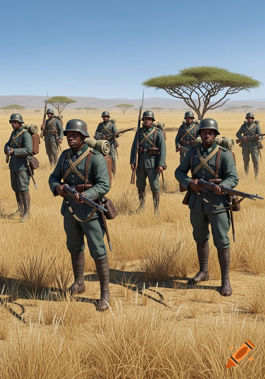 African Schutztruppe soldiers in World War I era uniforms stand in a sunlit savanna with acacia trees.