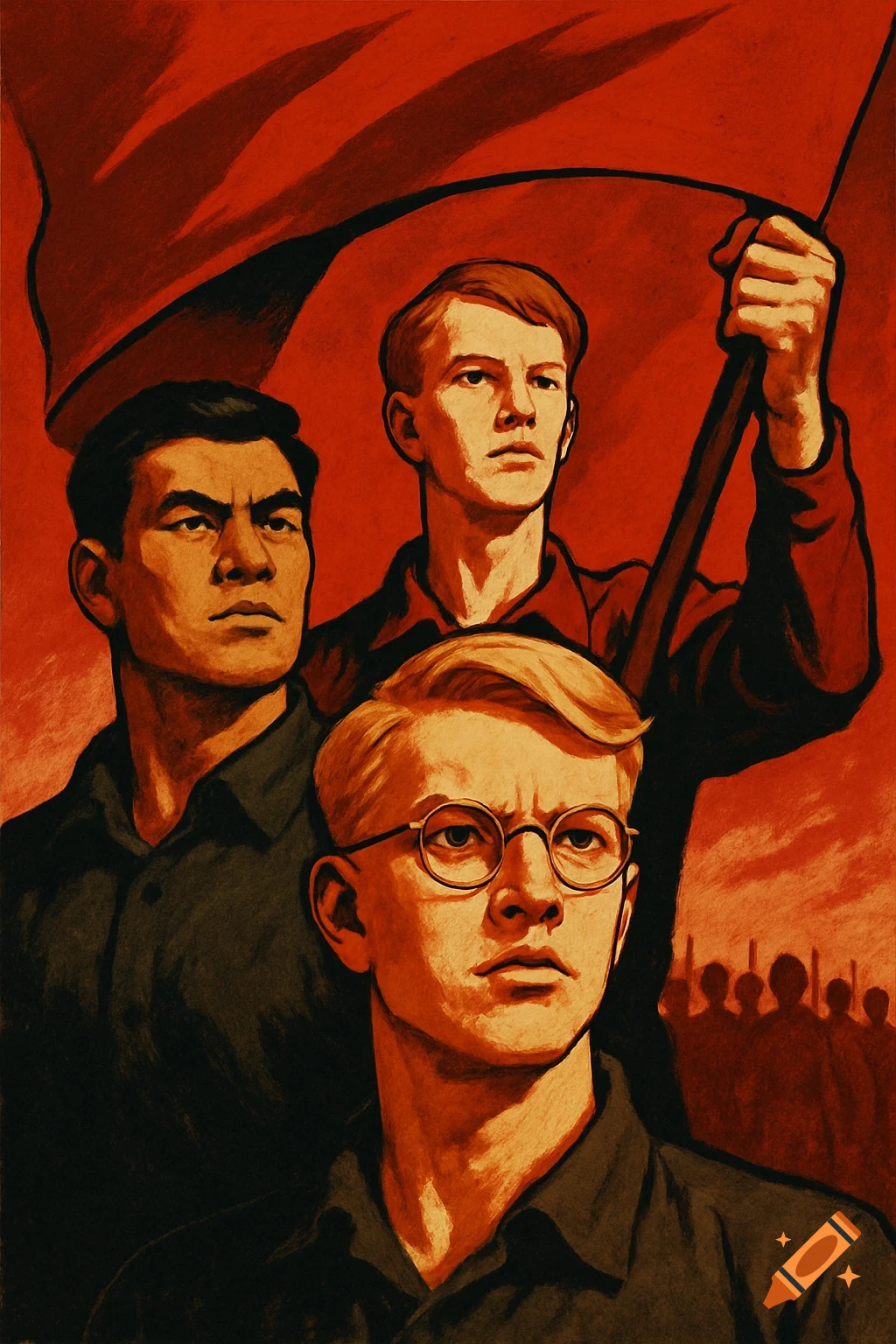 Three men, one blond with glasses, one East Asian, and one brown-haired, gaze forward under a red flag in a communist propaganda art style. A crowd is visible in the background.