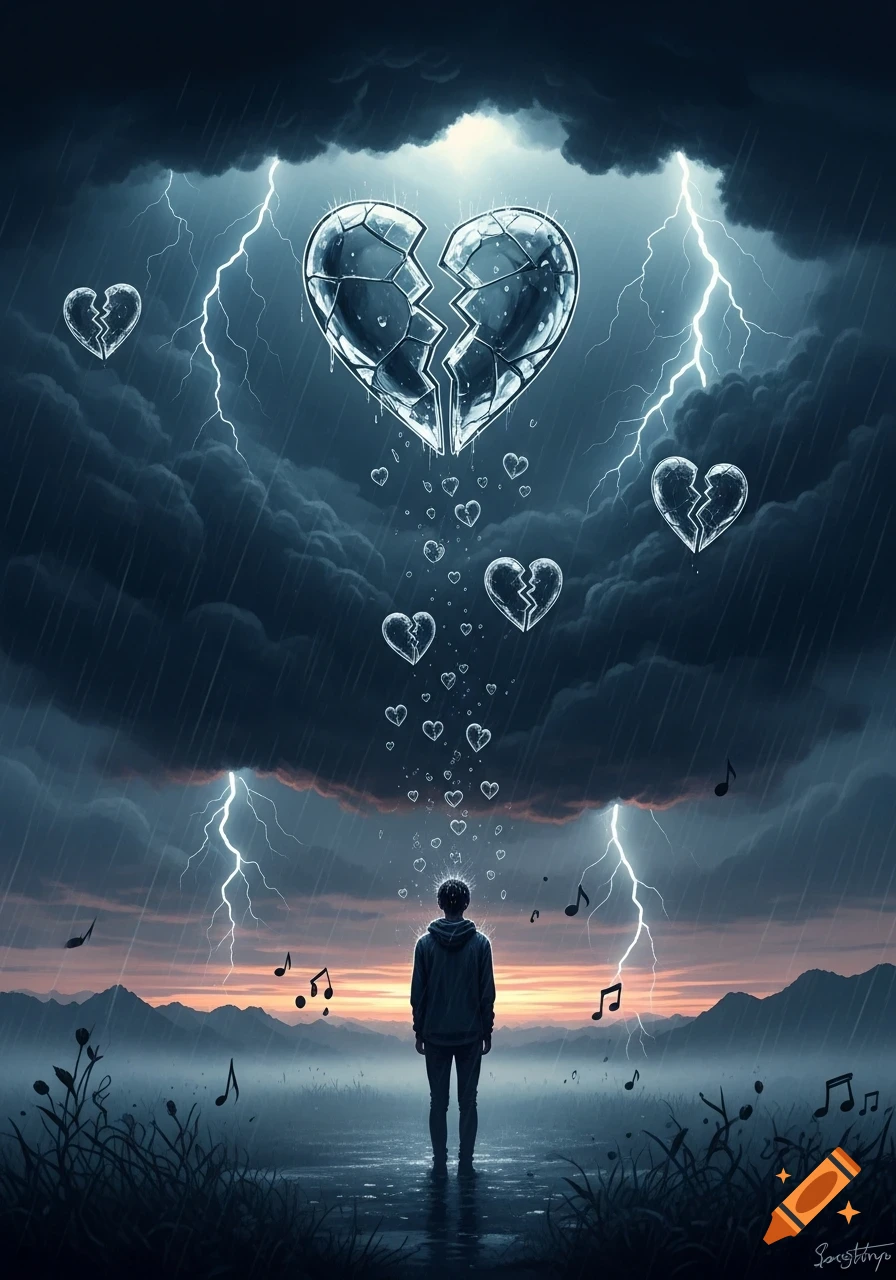 A lone figure stands in a flooded field under a stormy sky with lightning, broken ice hearts falling, and musical notes.