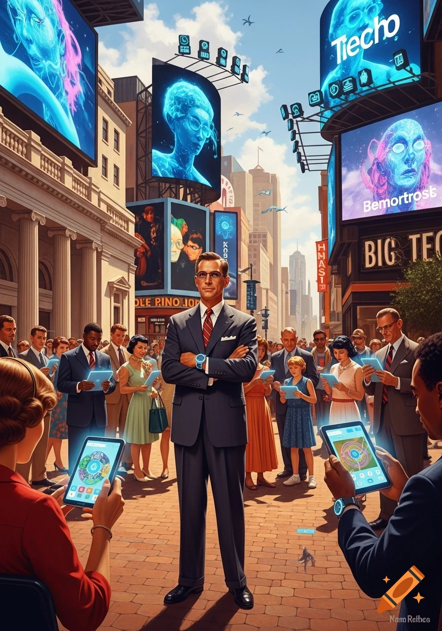 A man in a suit stands confidently in a bustling retro-futuristic city street, surrounded by people looking at glowing tablets and large digital billboards displaying abstract tech-themed images and brand names like 'BIG TEC'.