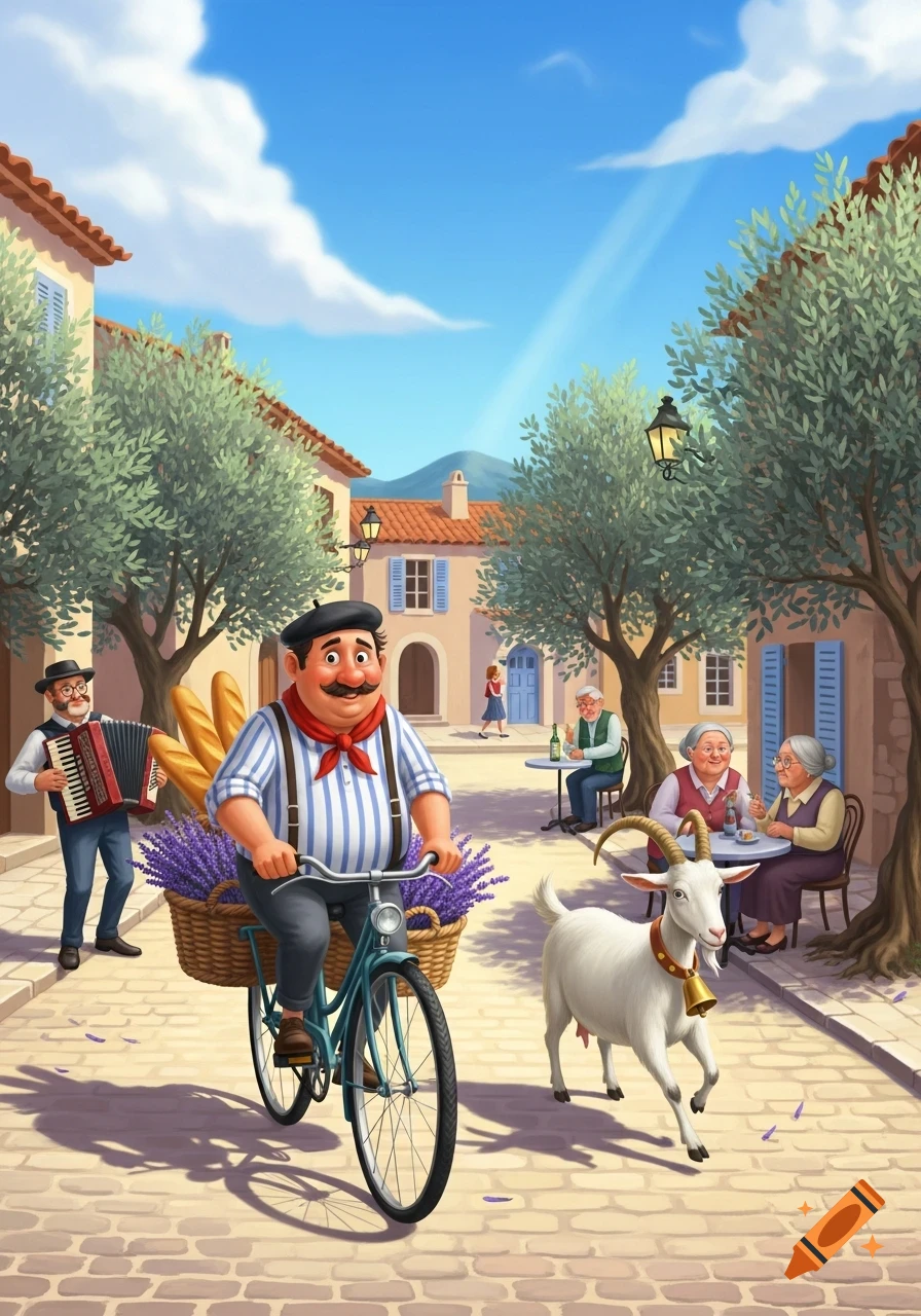 A cheerful cartoon of a plump man on a bicycle with baguettes and lavender, a goat, and people in a sunny French village street.