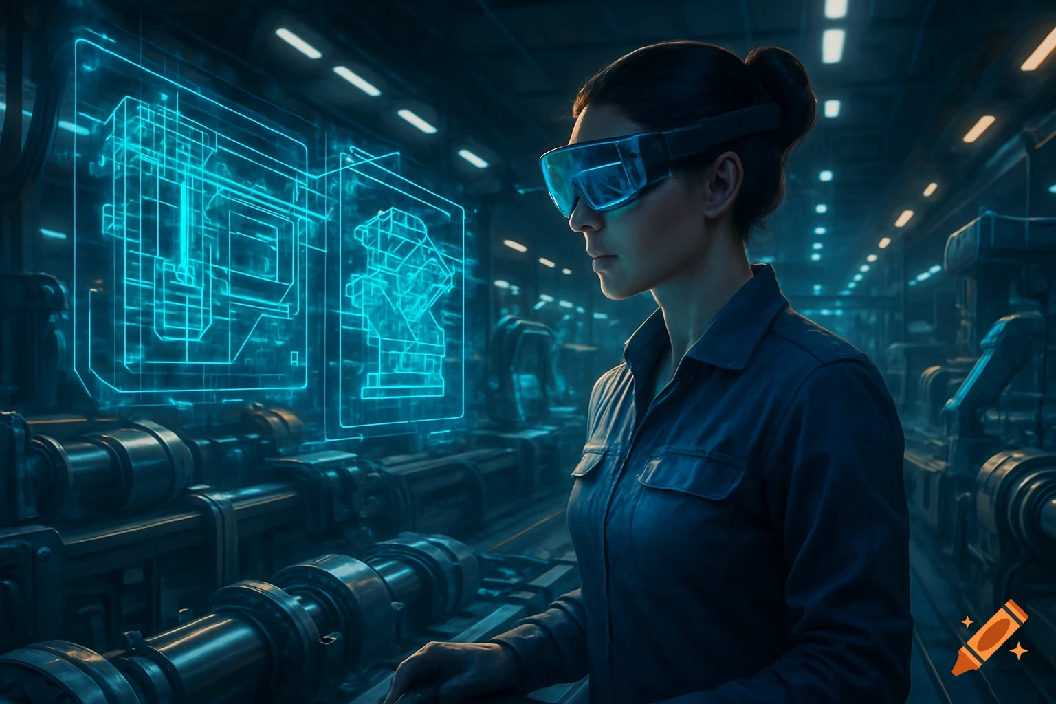 A woman wearing augmented reality glasses views glowing blue holographic schematics in a dark industrial environment.