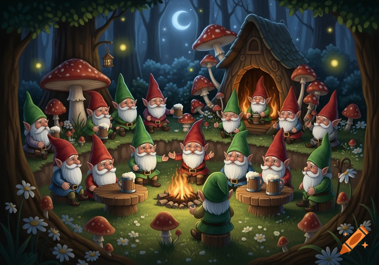 Many gnomes with red and green hats and white beards gather around a campfire in a magical forest at night, with mushrooms and a crescent moon.